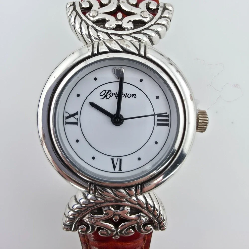 BRIGHTON 'Somerset' Watch Reversible Leather Black Brown Band Silver Plate 6.75